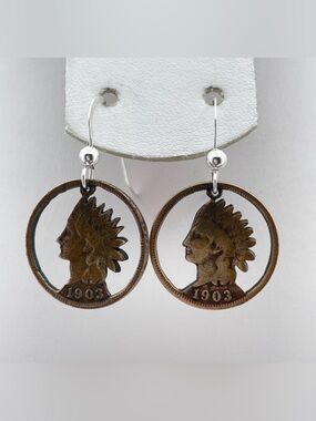 Handcrafted 1903 Indian Head Penny Cutout Earrings With Sterling Silver Hooks